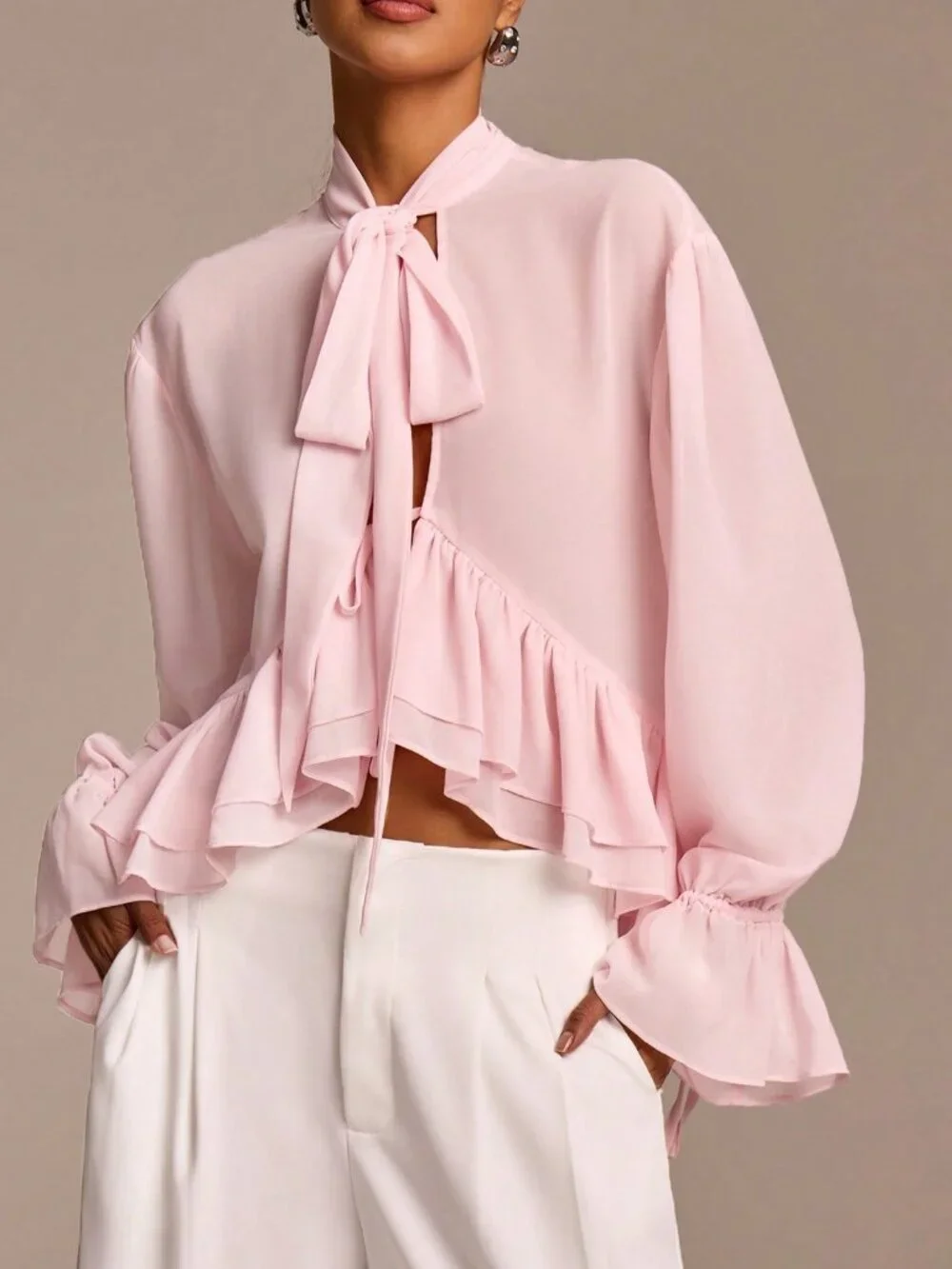 Baby Pink Bohemian Women's Elegant Ruffled Long Sleeve Blouse - Picture 5 of 6